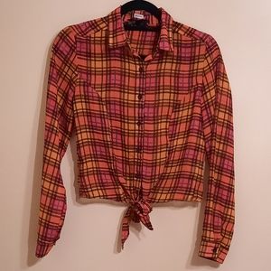 Button Down Tie-Front Plaid Shirt Blouse Size S